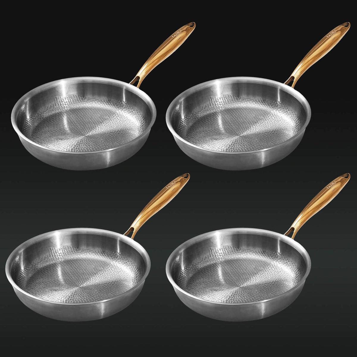 Four silver frying pans with wooden handles on a black background