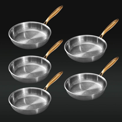 Set of five silver frying pans with gold handles on a black background