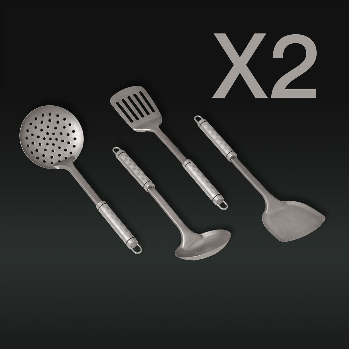 Set of four metal kitchen utensils on a black background with 'X2' indicating quantity.