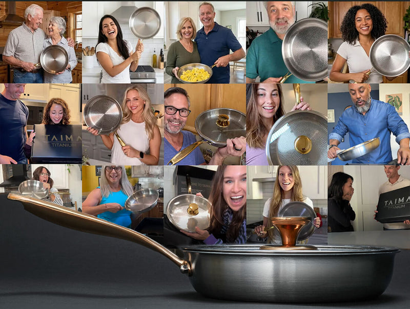 A collage of multiple people in kitchen settings holding stainless steel cookware, including pans and lids, with a large close-up of a dark metal pan and lid in the foreground. Several people are holding a black Taima brand sign.